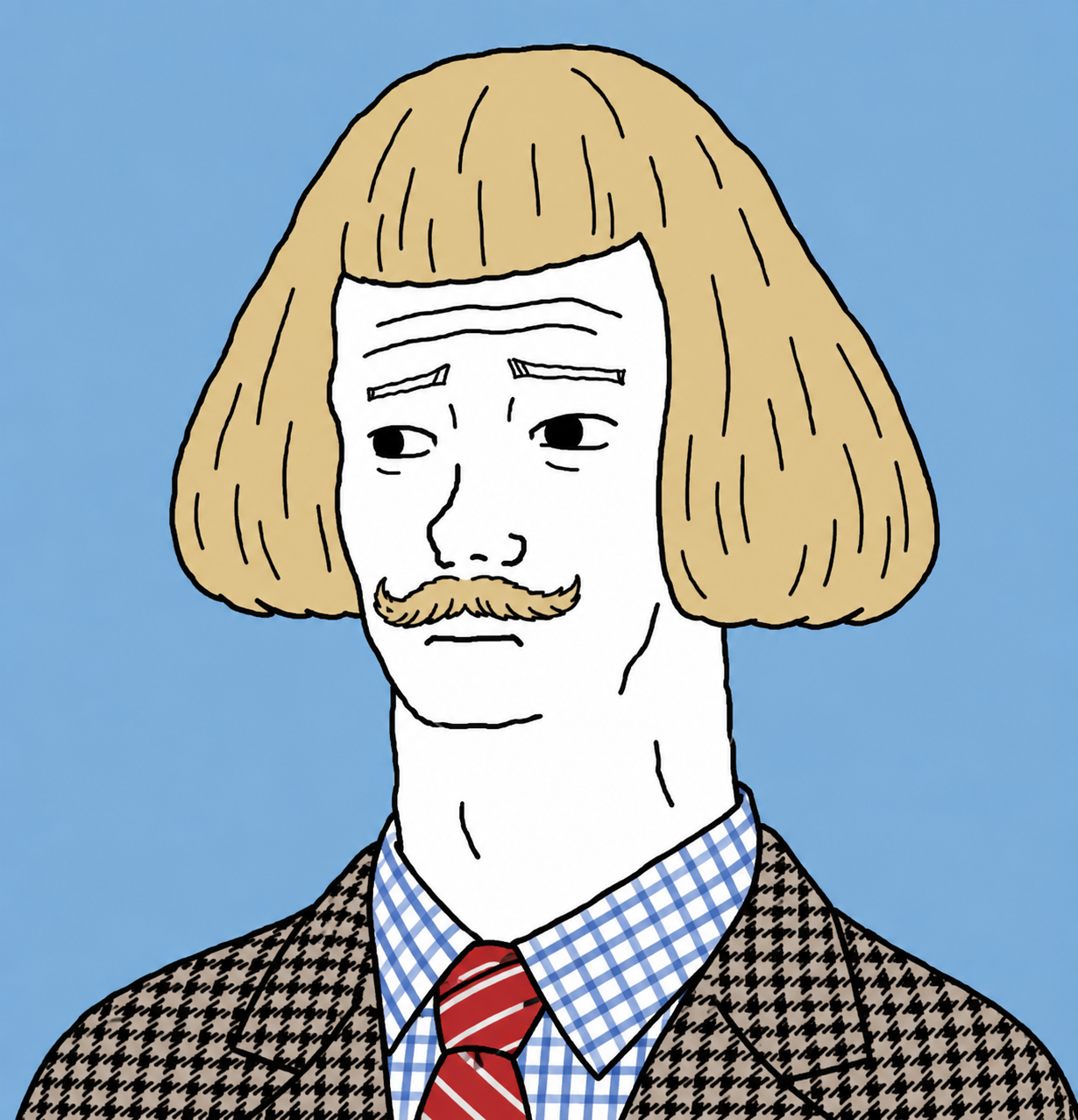 Jean Wojak Phil with a blond bob, moustache, checked shirt and red tie